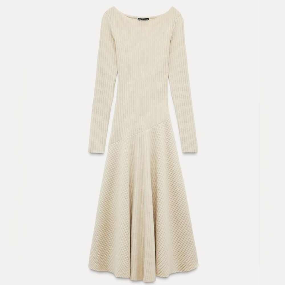 Zara 3253/850 Ecru Tilted Drop Waist Ribbed Dress - Picture 6 of 13
